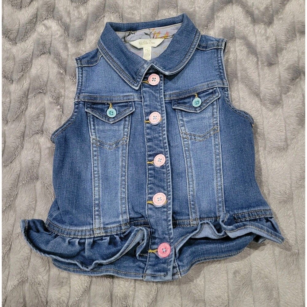 Matilda Jane Size 6 Girls Denim Vest Floral Ruffle Bottom
